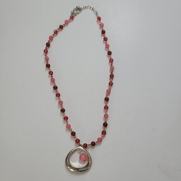 Vintage Red and Pink Beaded Necklace with Silver Tone Abstract Pendant Jewelry - Picture 1 of 10